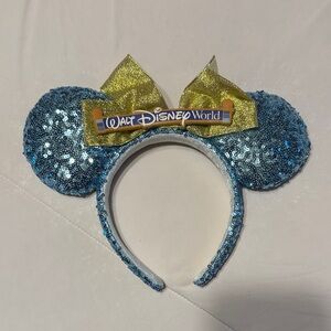 Disney ‘Walt Disney World’ sign Blue Sequin Ears with Gold Bow